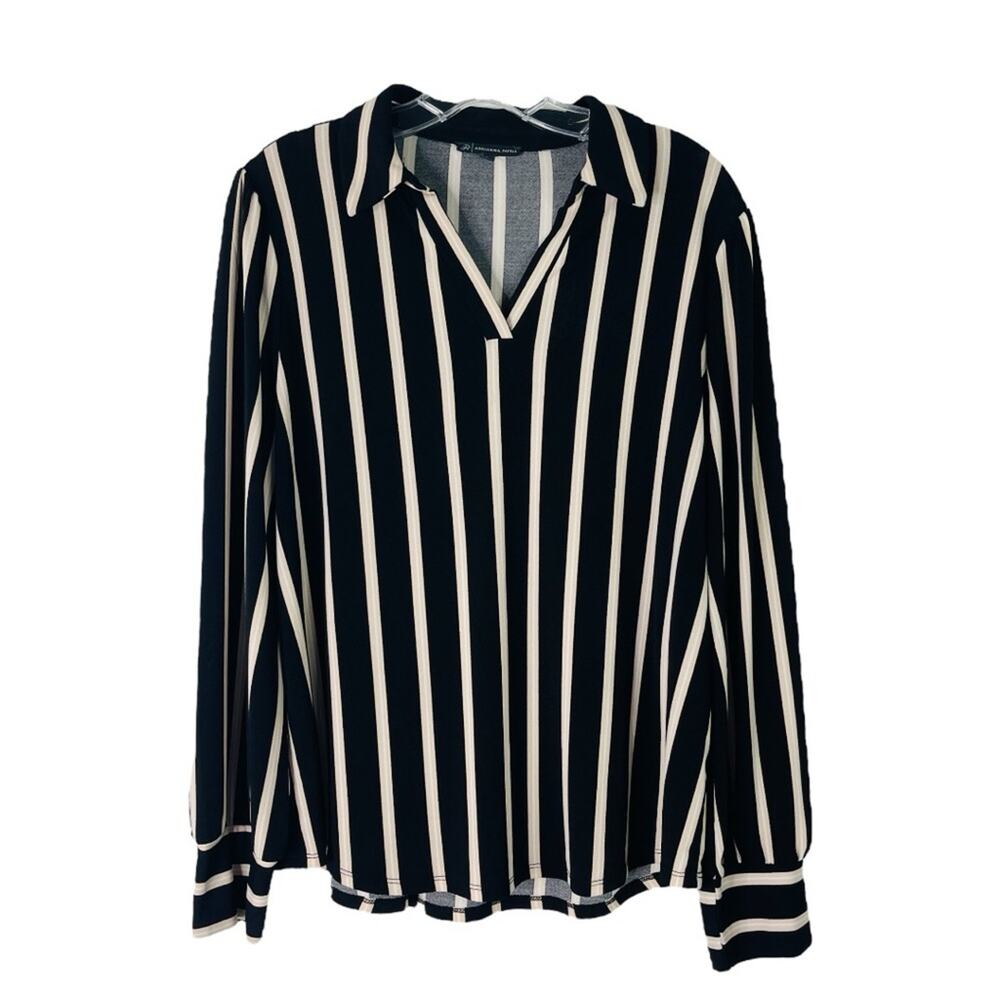 Adrianna Papell black white tan striped popover preppy stretchy top  large